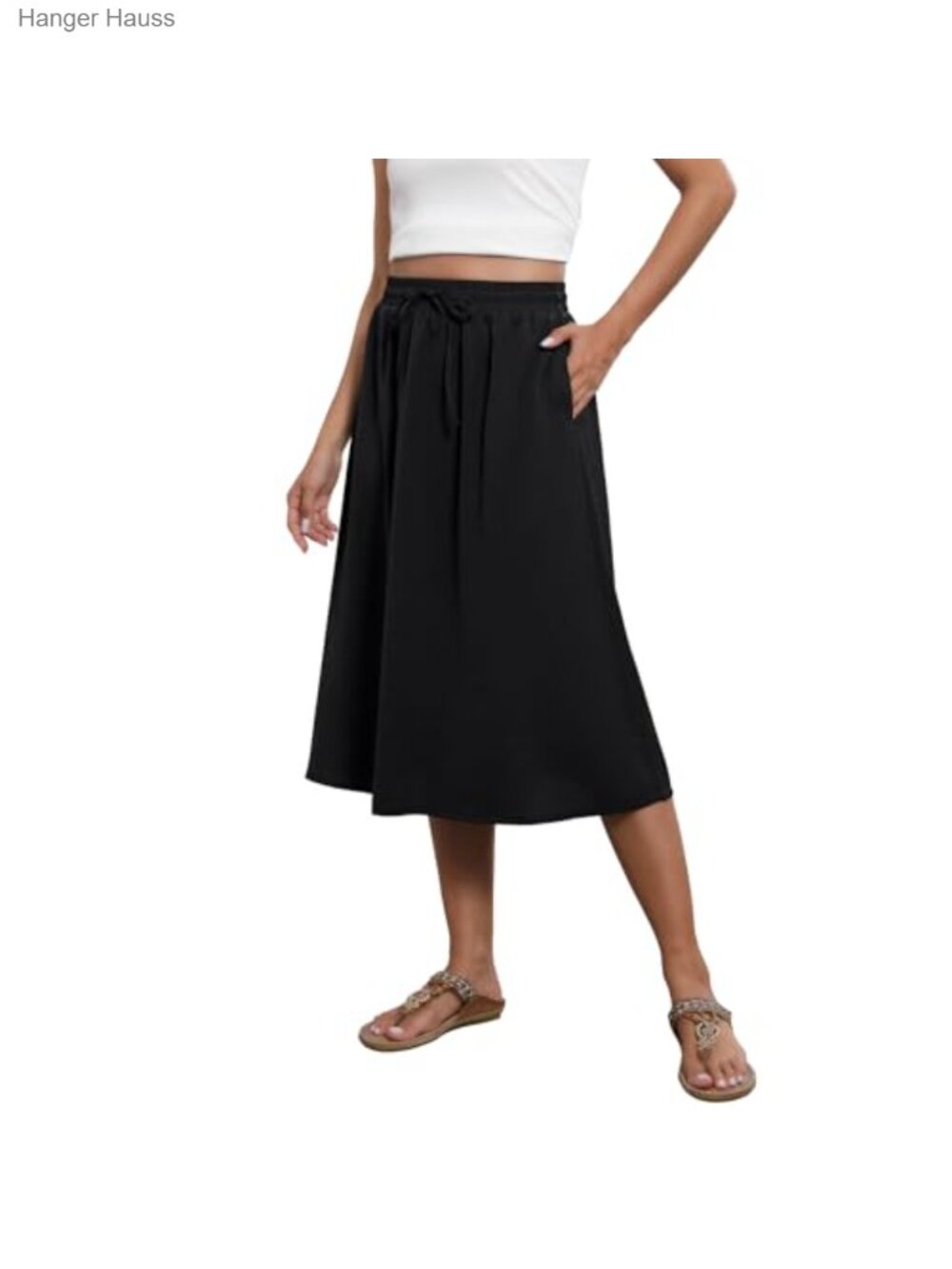 Flowy Midi Skirt High Waist A-Line with Pockets Bohemian Cover-Up